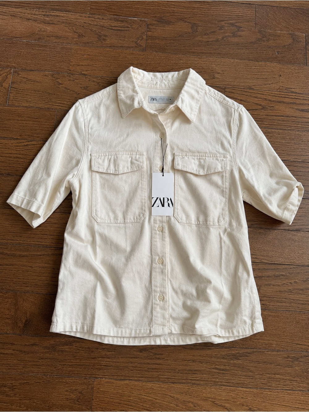 Zara Off-White Short Sleeve Button-Up Utility Shirt Sz XL